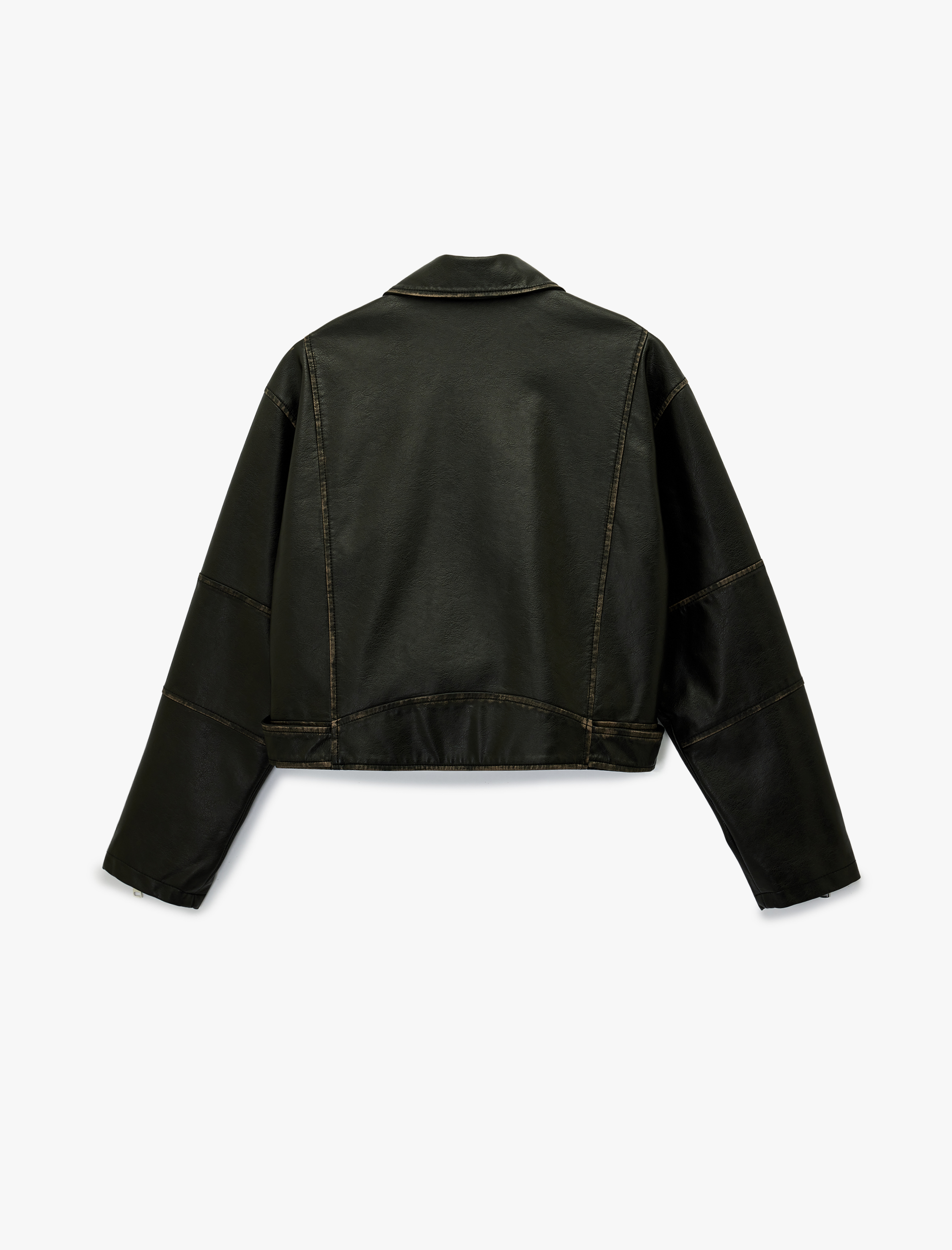   Uzun Kollu Fermuarlı Kemerli Suni Deri Biker Ceket