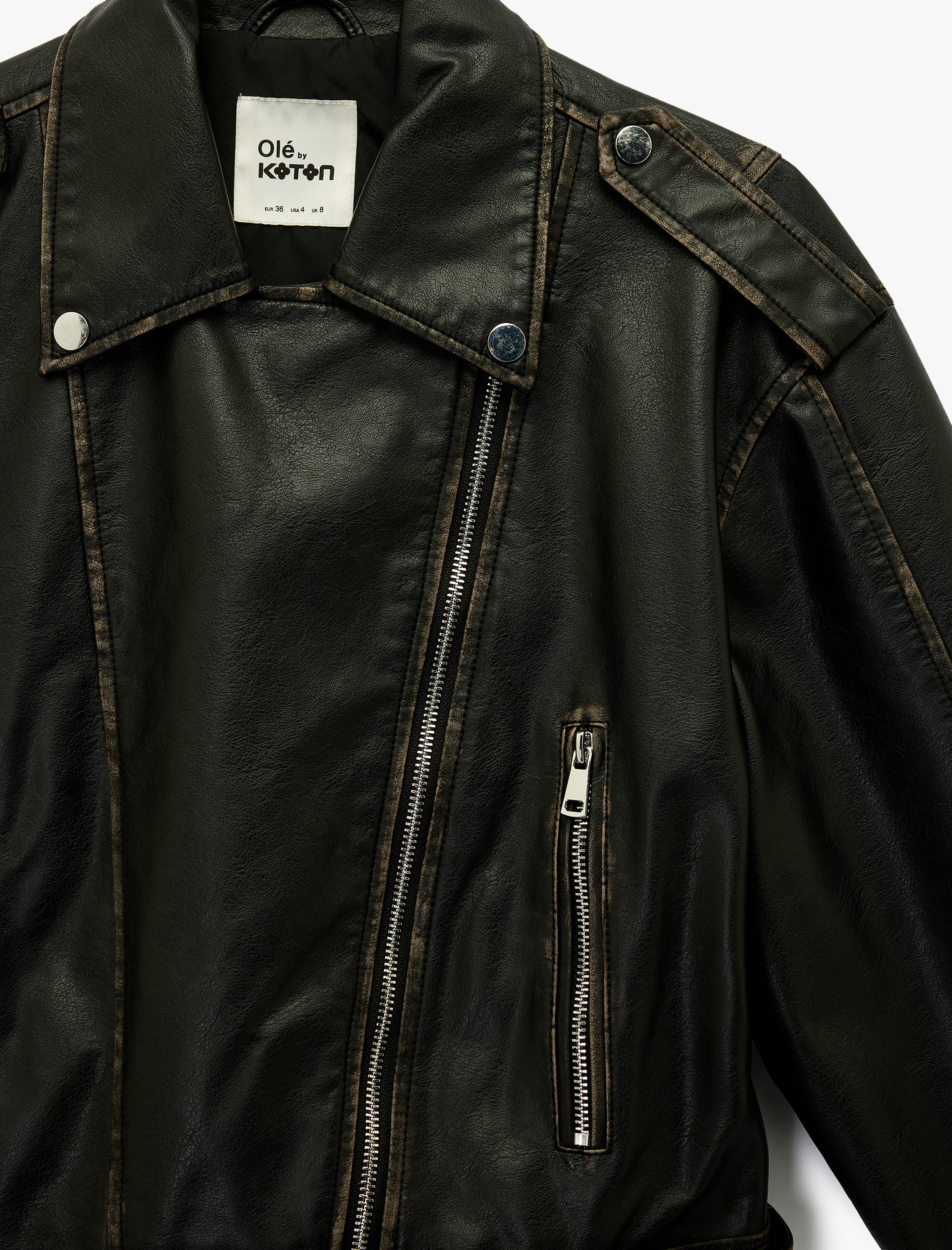   Uzun Kollu Fermuarlı Kemerli Suni Deri Biker Ceket