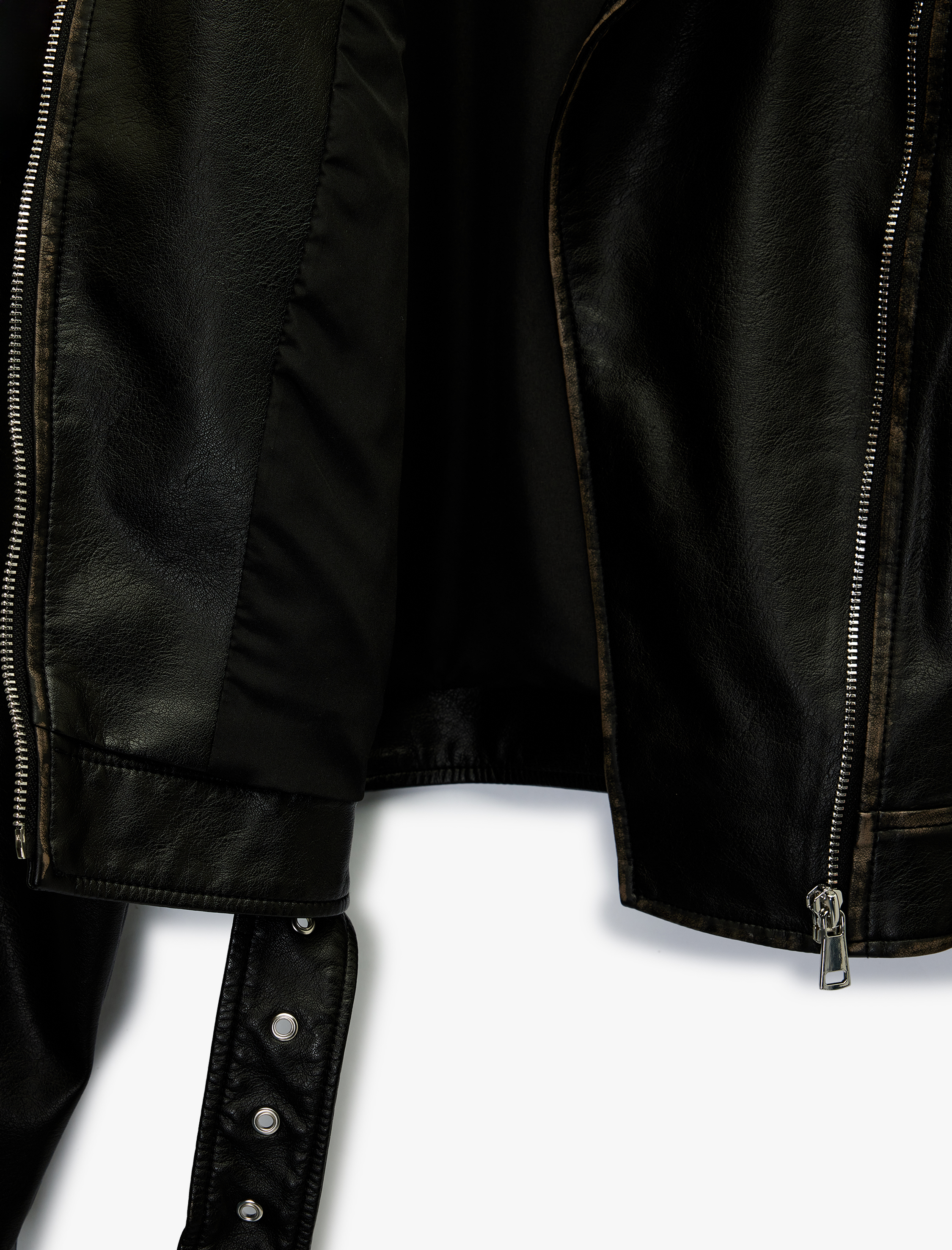   Uzun Kollu Fermuarlı Kemerli Suni Deri Biker Ceket