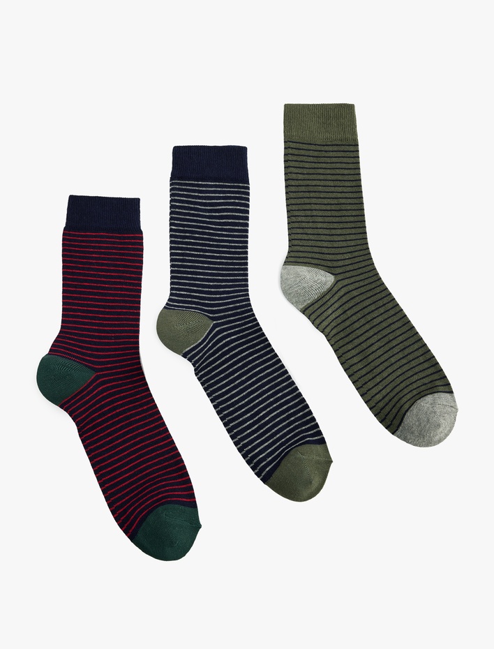 Erkek Çok Renkli Çizgili Pamuklu 3'lü Soket Çorap Seti