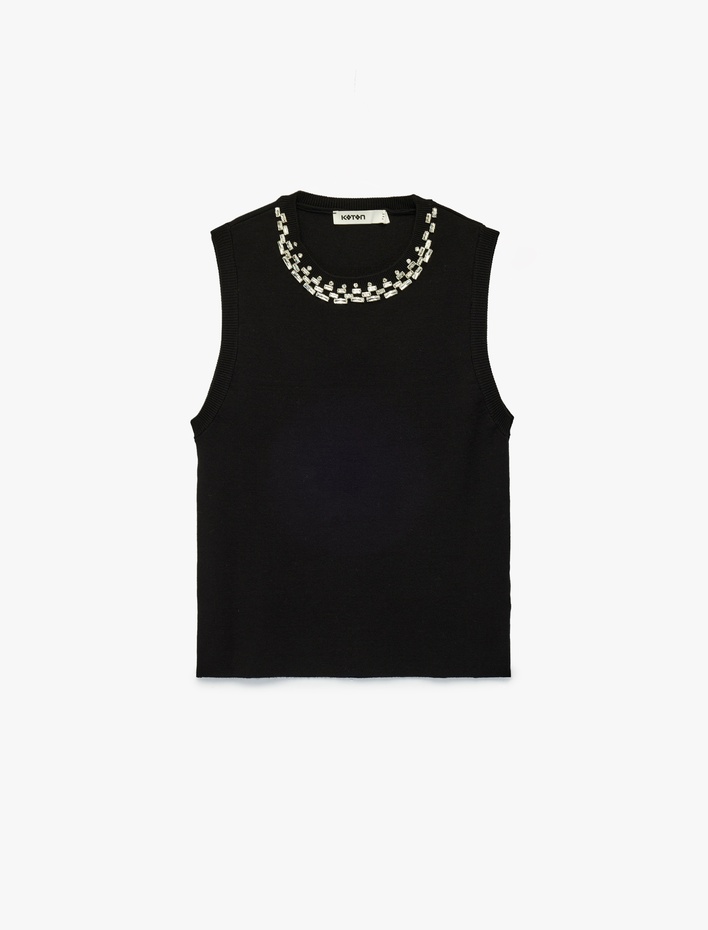  Bisiklet Yaka Kolsuz Taşlı Triko Bluz