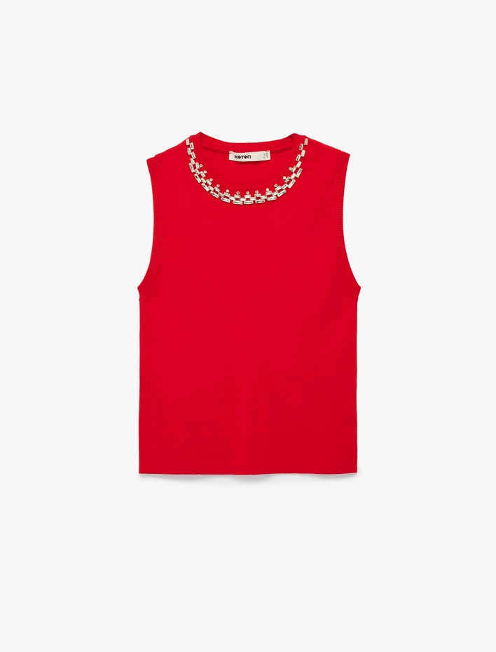  Bisiklet Yaka Kolsuz Taşlı Triko Bluz