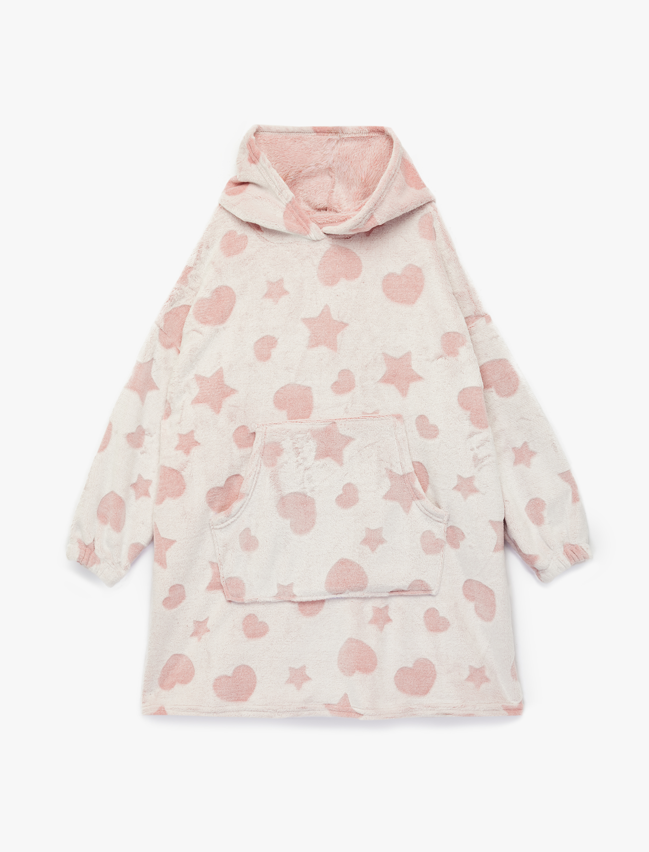  Kız Çocuk Uzun Kollu Kalp ve Yıldız Desenli Peluş Kapşonlu Sabahlık