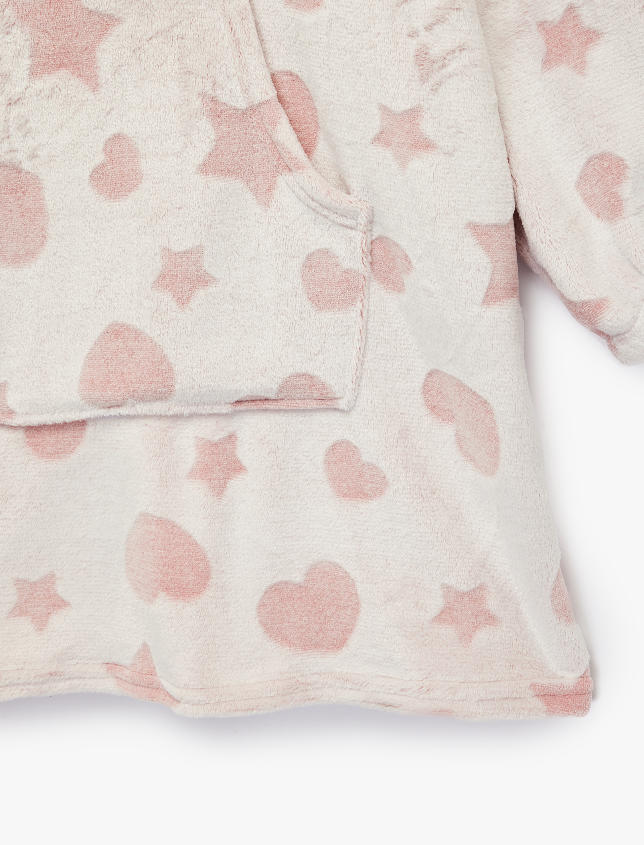  Kız Çocuk Uzun Kollu Kalp ve Yıldız Desenli Peluş Kapşonlu Sabahlık