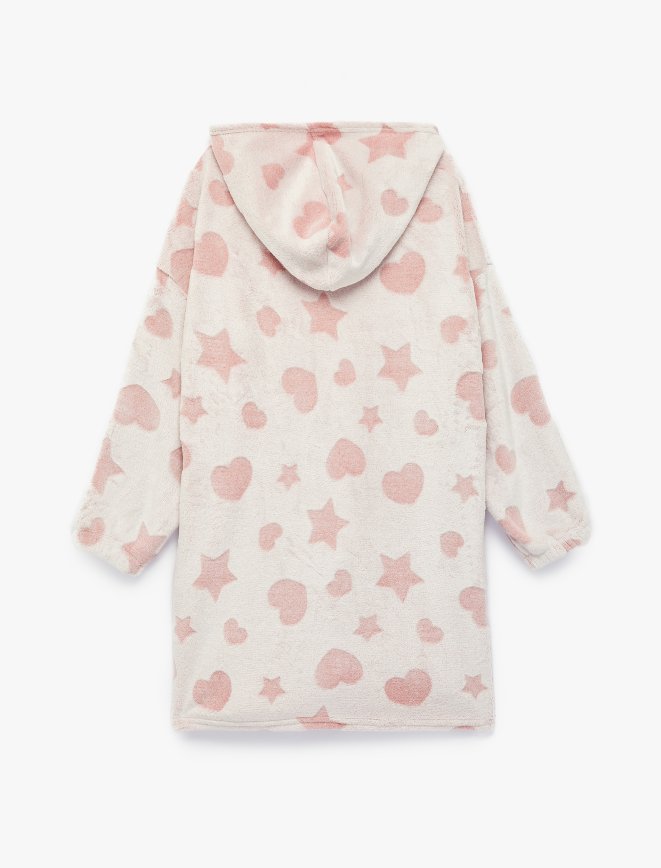  Kız Çocuk Uzun Kollu Kalp ve Yıldız Desenli Peluş Kapşonlu Sabahlık