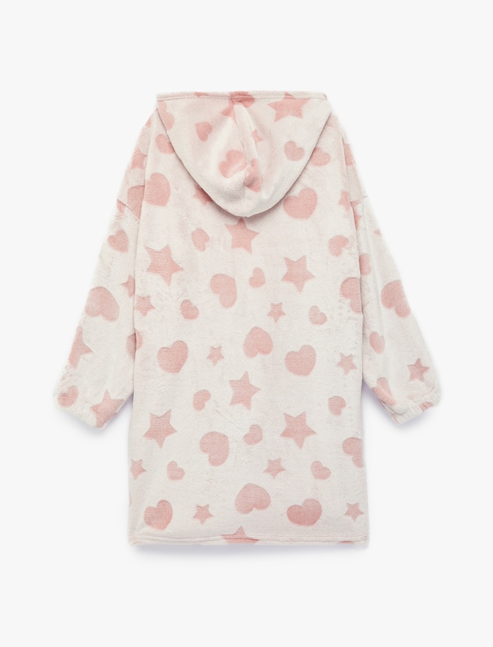 Kız Çocuk Uzun Kollu Kalp ve Yıldız Desenli Peluş Kapşonlu Sabahlık