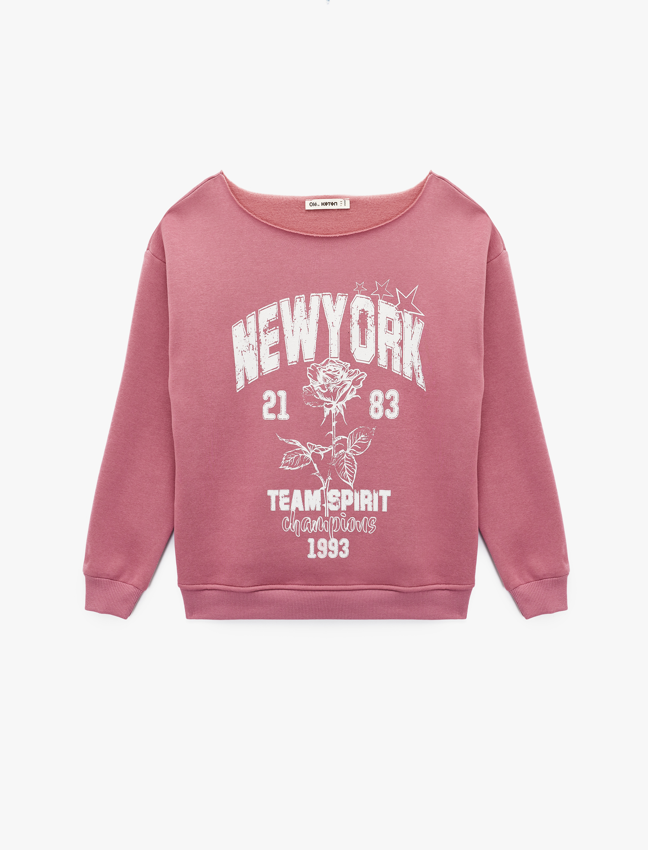   Rahat Kalıp Şardonlu Uzun Kollu Geniş Yuvarlak Yaka Baskılı Sweatshirt