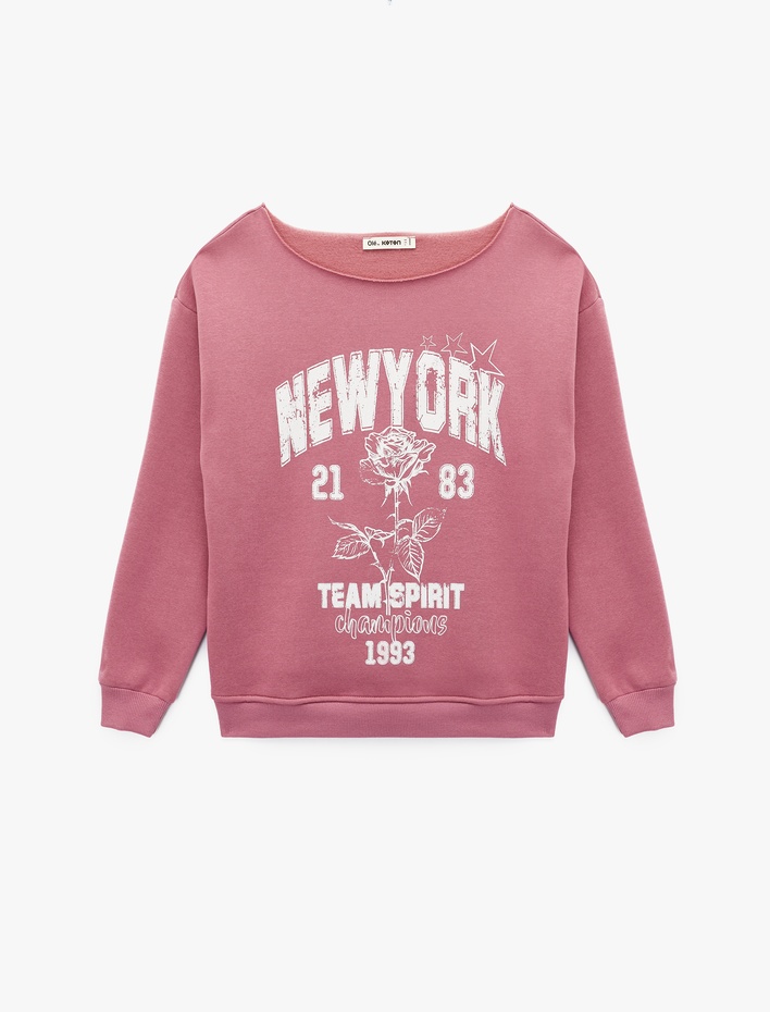  Rahat Kalıp Şardonlu Uzun Kollu Geniş Yuvarlak Yaka Baskılı Sweatshirt