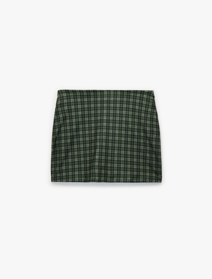  Yüksek Bel Slim Fit Ekose Şortlu Mini Etek