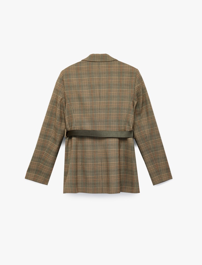  Cepli Uzun Kollu Kemerli Ekose Blazer Ceket