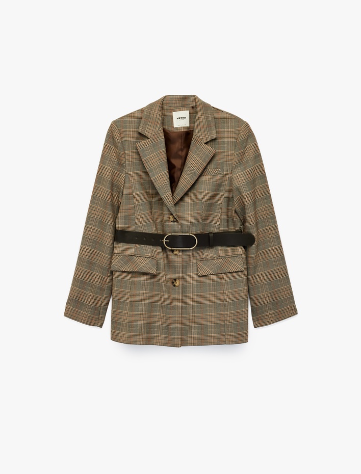  Cepli Uzun Kollu Kemerli Ekose Blazer Ceket