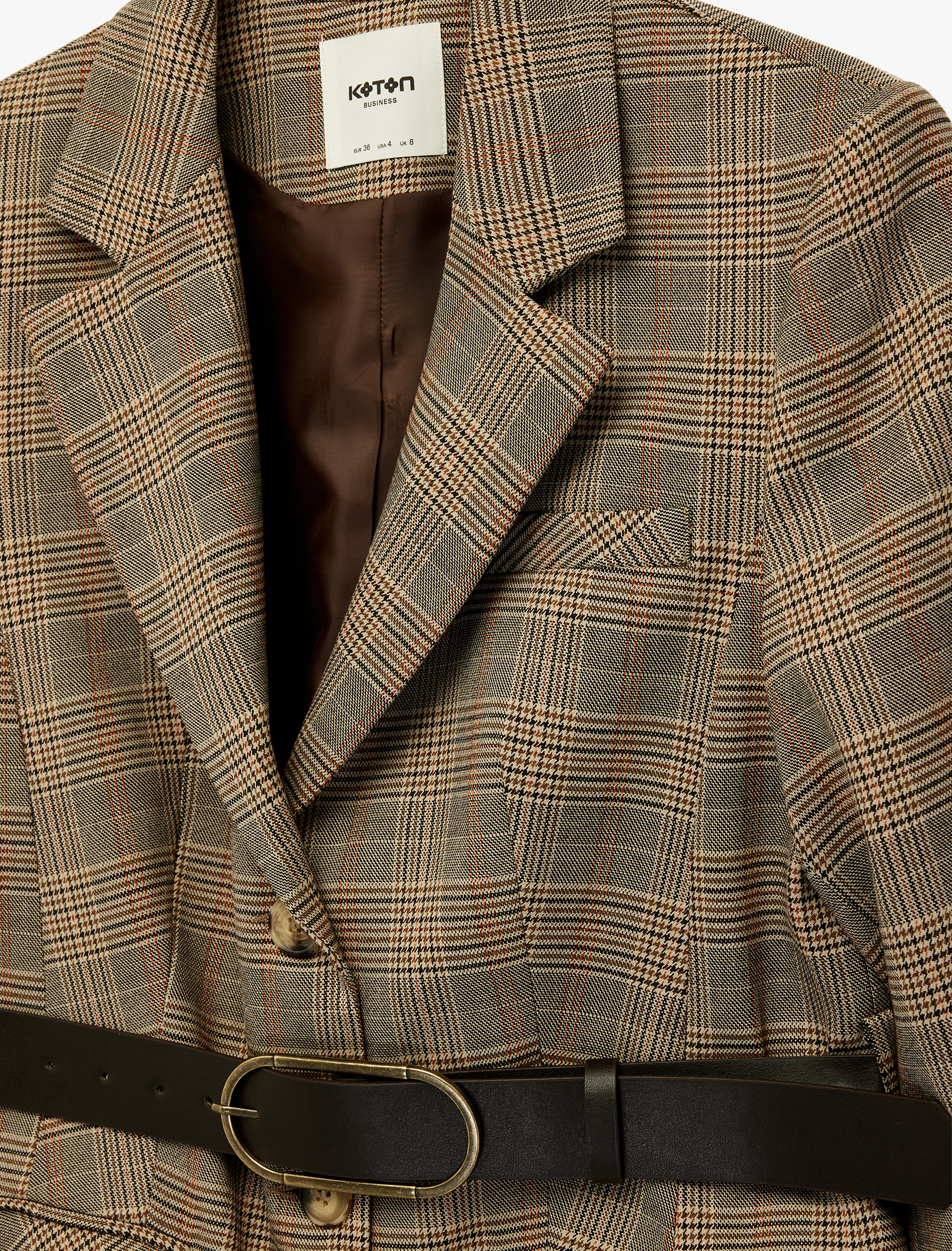   Cepli Uzun Kollu Kemerli Ekose Blazer Ceket