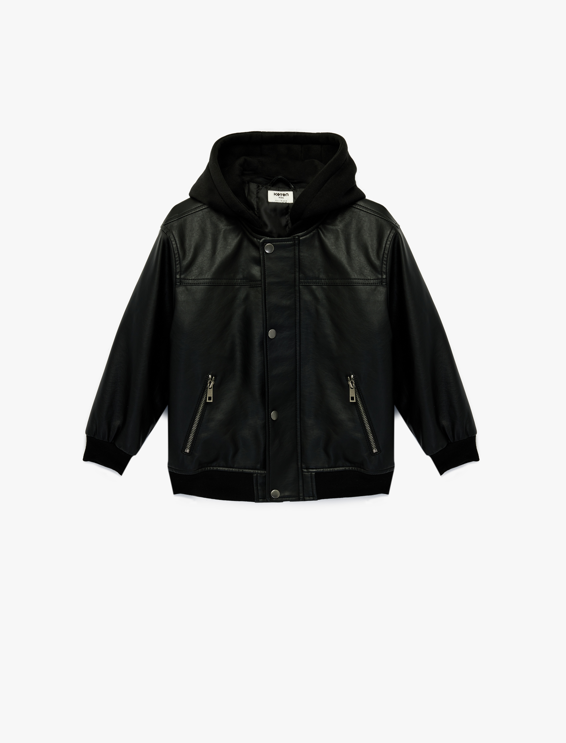  Erkek Çocuk Uzun Kollu Fermuarlı Cepli Suni Deri Kapşonlu Ceket