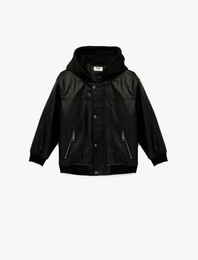 Uzun Kollu Fermuarlı Cepli Suni Deri Kapşonlu Ceket