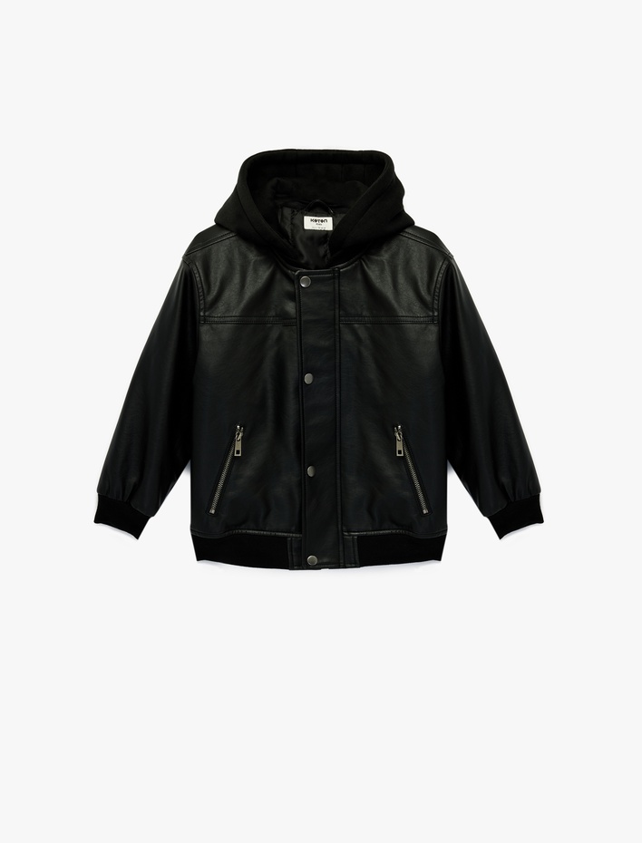 Erkek Çocuk Uzun Kollu Fermuarlı Cepli Suni Deri Kapşonlu Ceket