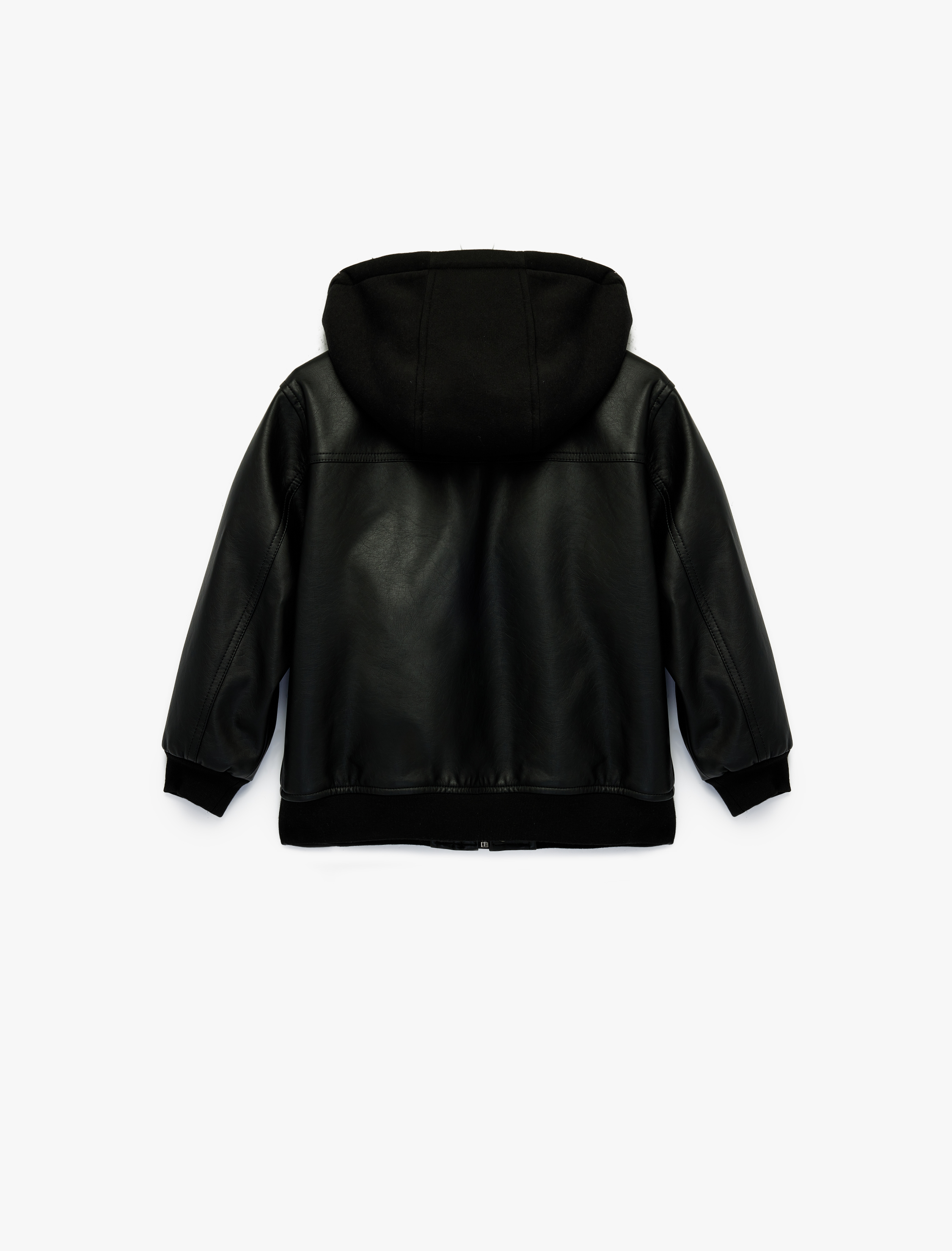  Erkek Çocuk Uzun Kollu Fermuarlı Cepli Suni Deri Kapşonlu Ceket