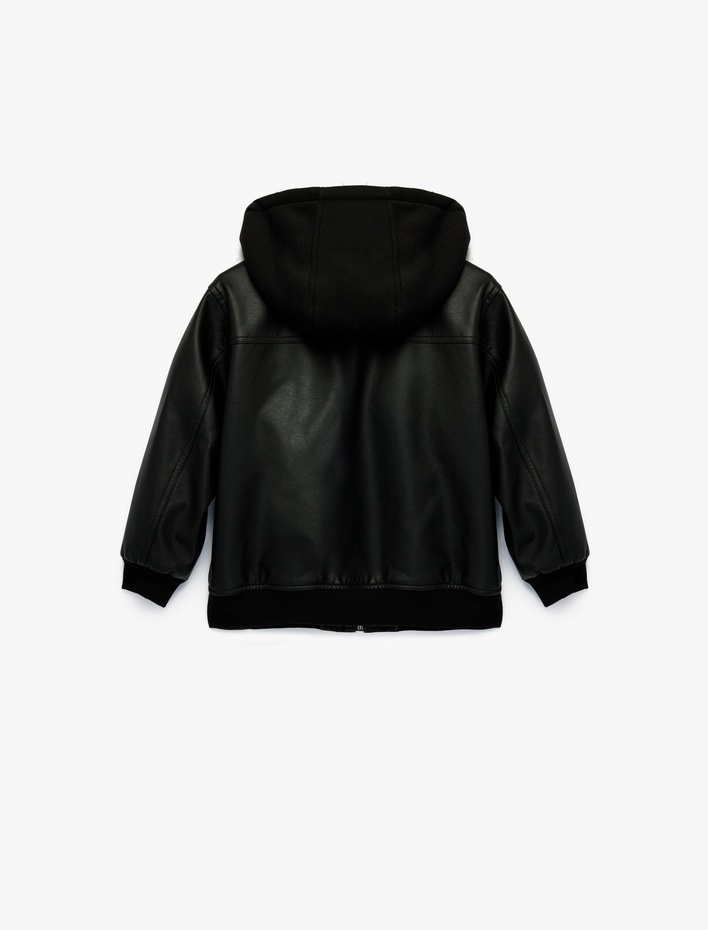 Erkek Çocuk Uzun Kollu Fermuarlı Cepli Suni Deri Kapşonlu Ceket