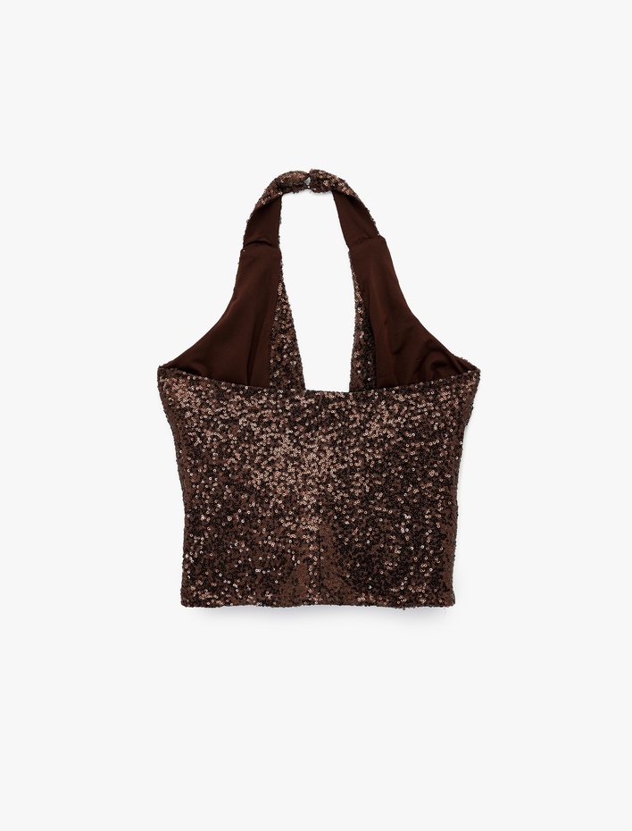  Degaje Halter Yaka Pullu Payetli Crop Bluz