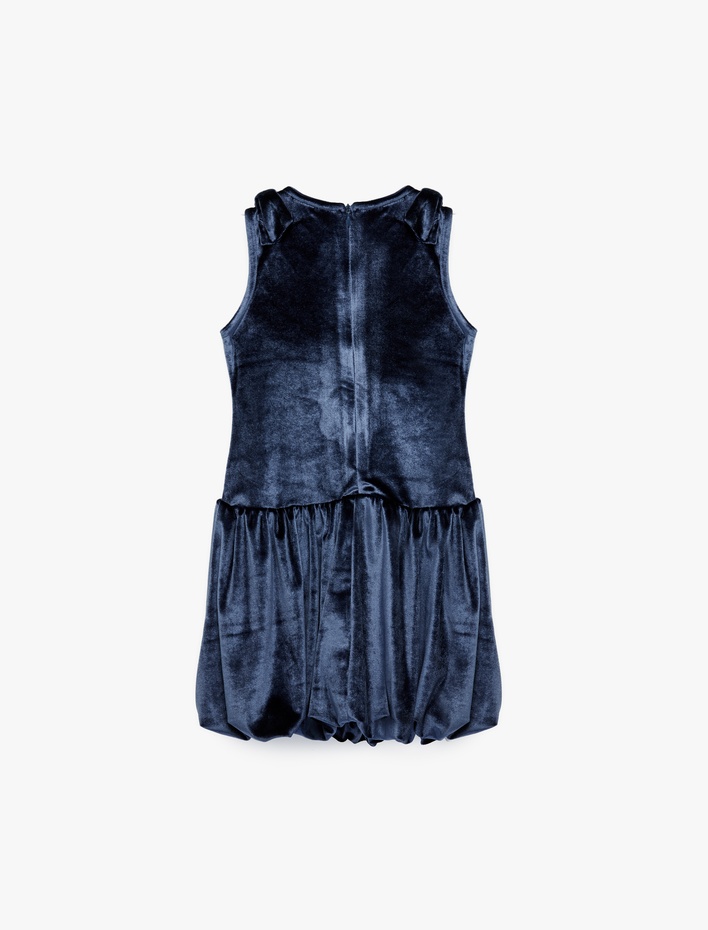 Kız Çocuk Fiyonklu Bisiklet Yaka Kolsuz Kadife Elbise