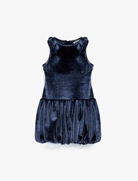 Fiyonklu Bisiklet Yaka Kolsuz Kadife Elbise