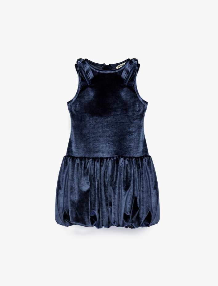 Kız Çocuk Fiyonklu Bisiklet Yaka Kolsuz Kadife Elbise