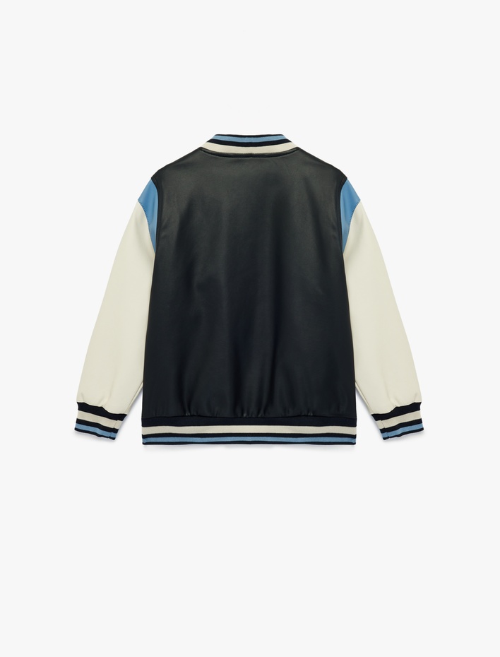 Erkek Çocuk Uzun Kollu Bisiklet Yaka Suni Deri Bomber Kolej Ceket