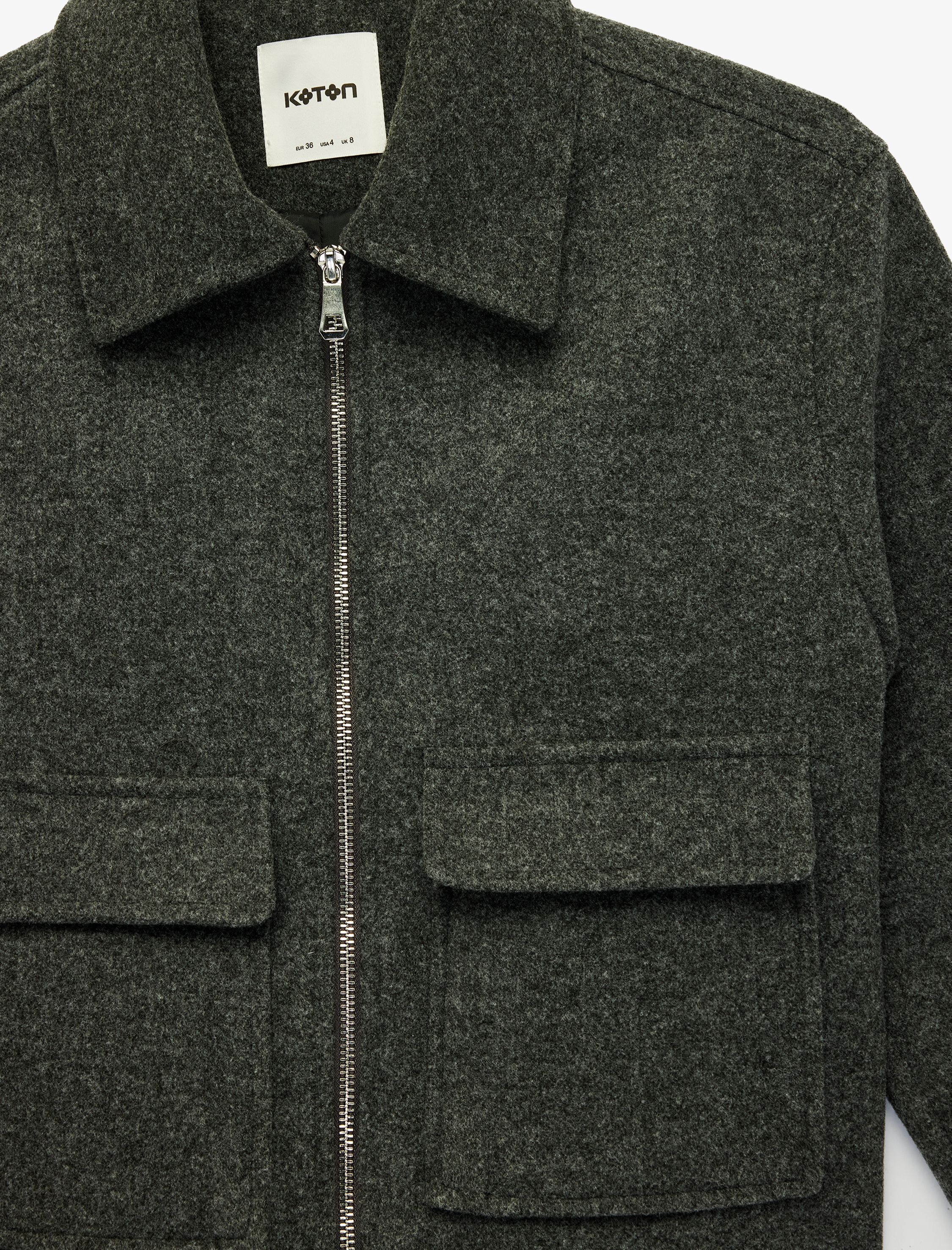   Uzun Kollu Fermuarlı Cepli Crop Kaşe Ceket