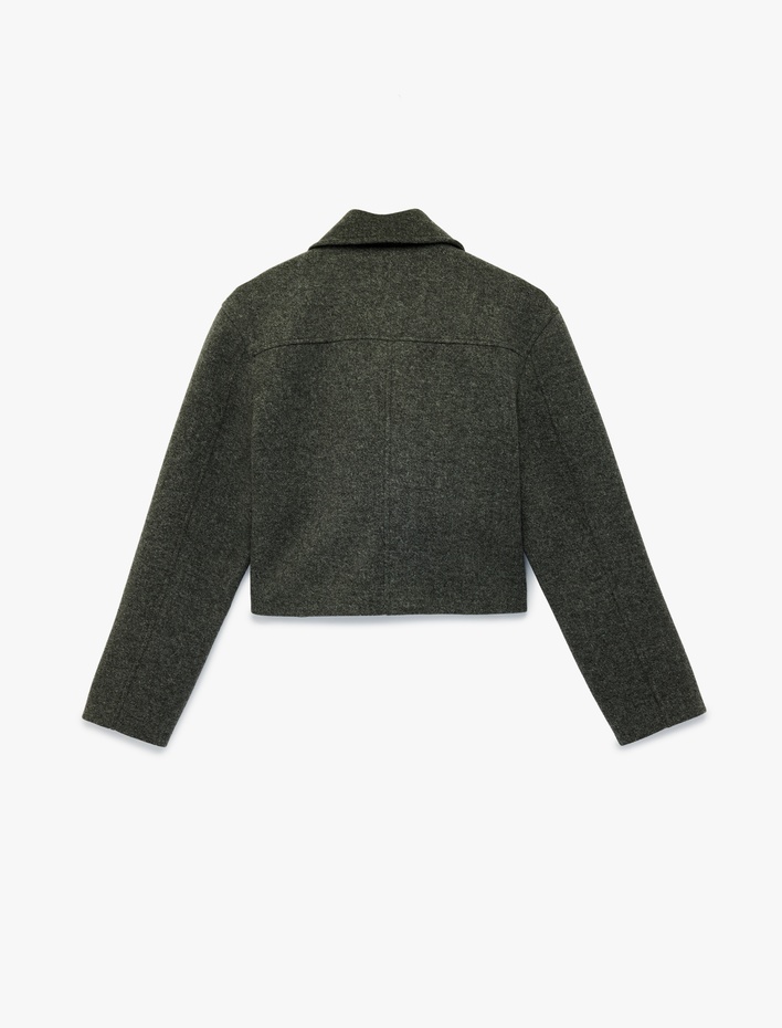  Uzun Kollu Fermuarlı Cepli Crop Kaşe Ceket