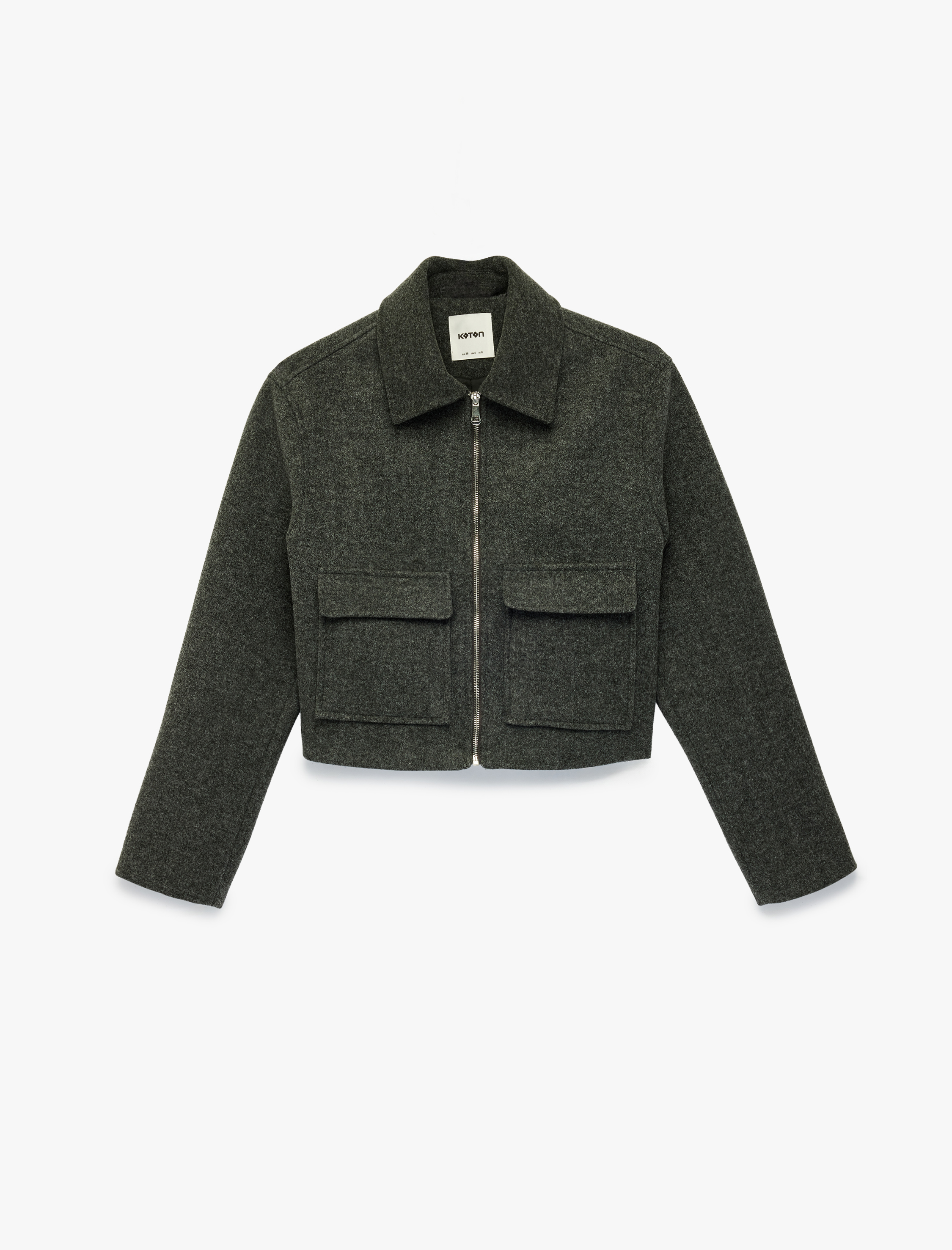   Uzun Kollu Fermuarlı Cepli Crop Kaşe Ceket