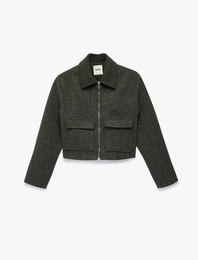 Uzun Kollu Fermuarlı Cepli Crop Kaşe Ceket