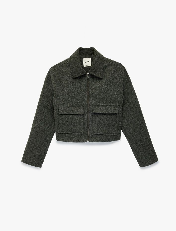  Uzun Kollu Fermuarlı Cepli Crop Kaşe Ceket