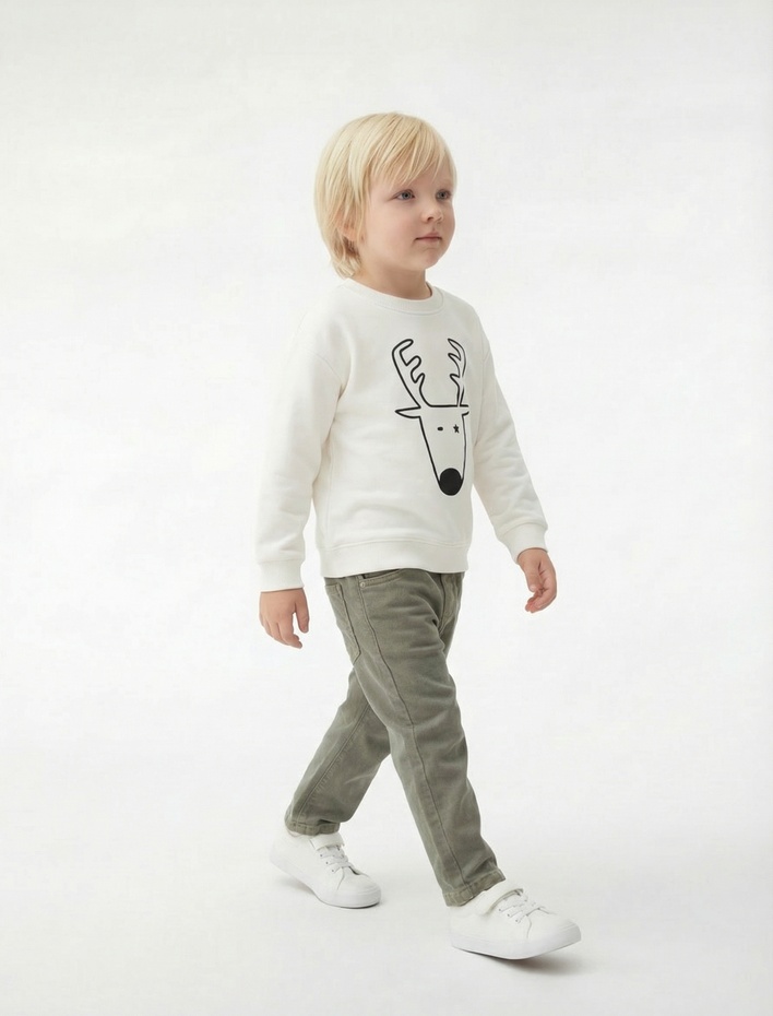 Erkek Bebek Yılbaşı Baskılı Uzun Kollu Şardonlu Bisiklet Yaka Yılbaşı Sweatshirt