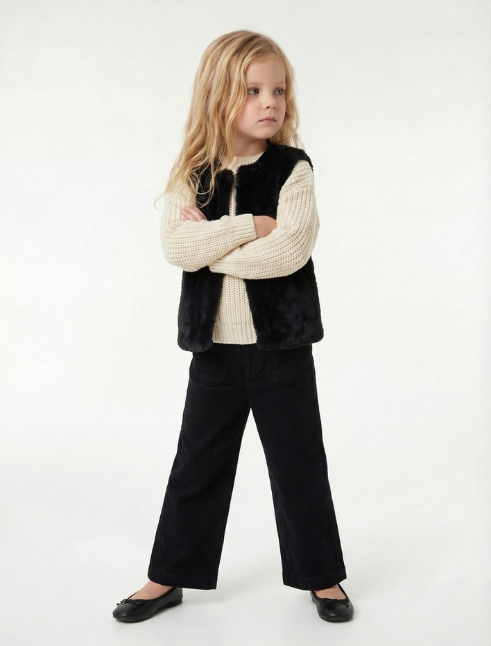 Kız Bebek Pamuklu Cep Detaylı Geniş Paça Pantolon