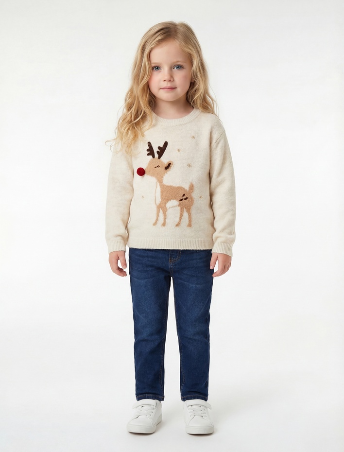 Kız Bebek Uzun Kollu Bisiklet Yaka Geyik Nakışlı Triko Yılbaşı Kazağı