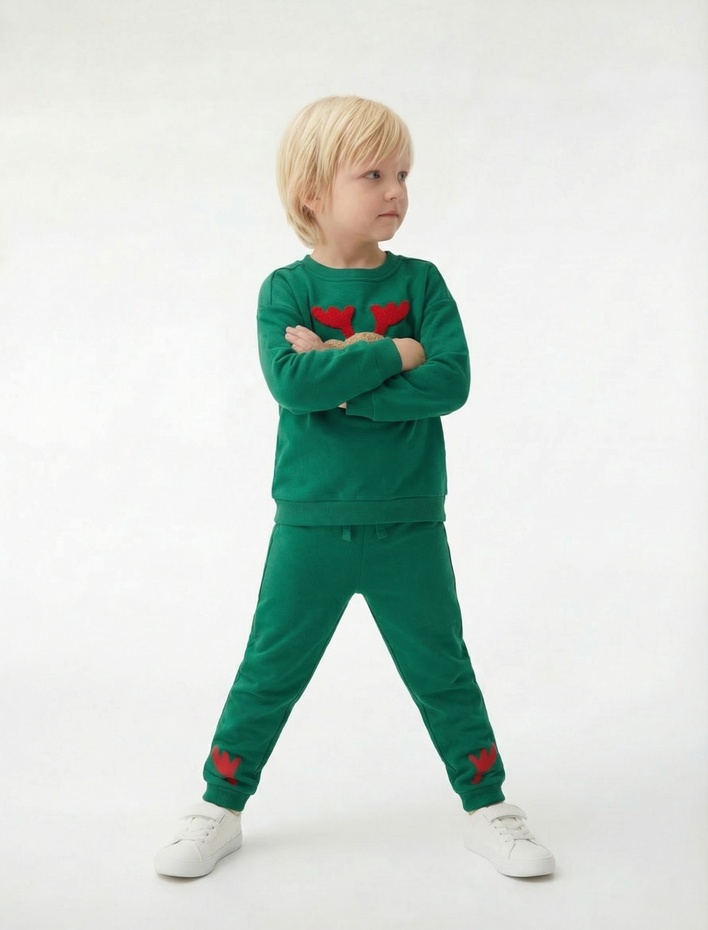 Erkek Bebek Geyik Nakışlı Uzun Kollu Bisiklet Yaka Şardonlu Yılbaşı Sweatshirt