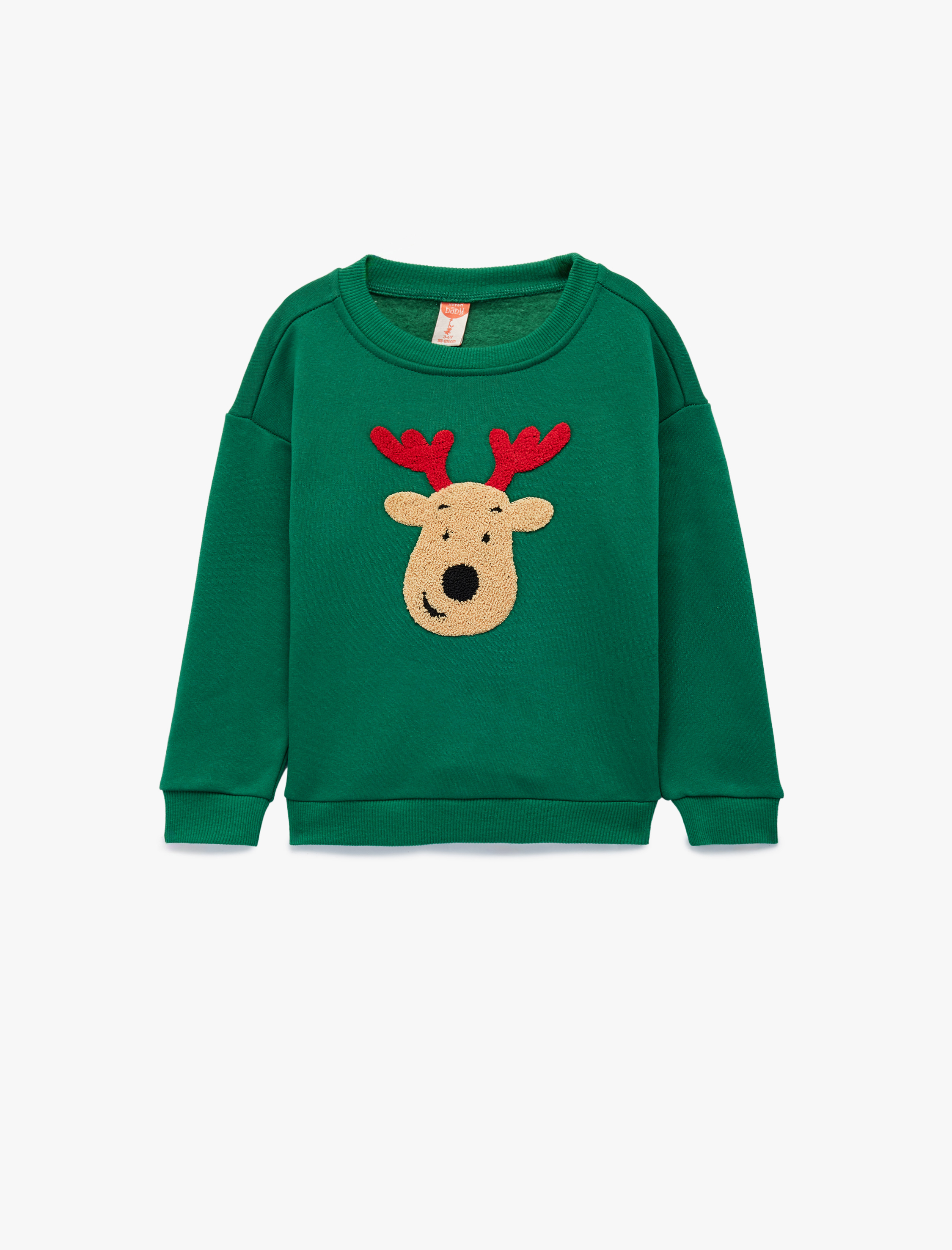  Erkek Bebek Geyik Nakışlı Uzun Kollu Bisiklet Yaka Şardonlu Yılbaşı Sweatshirt