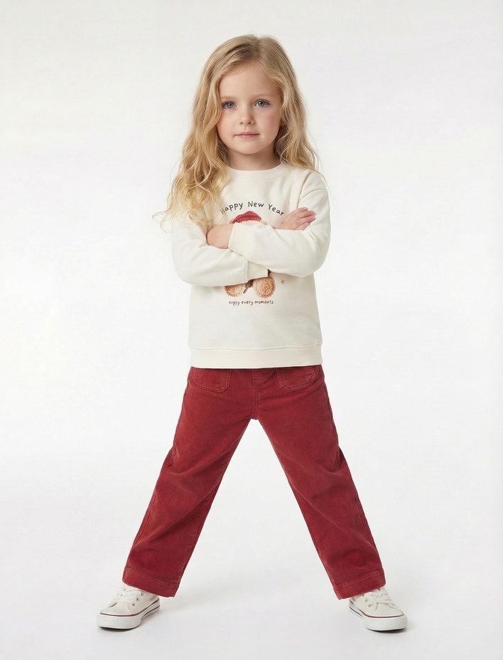 Kız Bebek Bisiklet Yaka Şardonlu Yılbaşı Temalı Uzun Kollu Ayıcık Baskılı Pamuklu Yılbaşı Sweatshirt