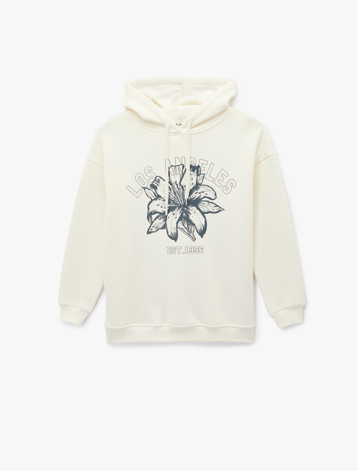  Rahat Kalıp Şardonlu Uzun Kollu Baskılı Kapüşonlu Sweatshirt