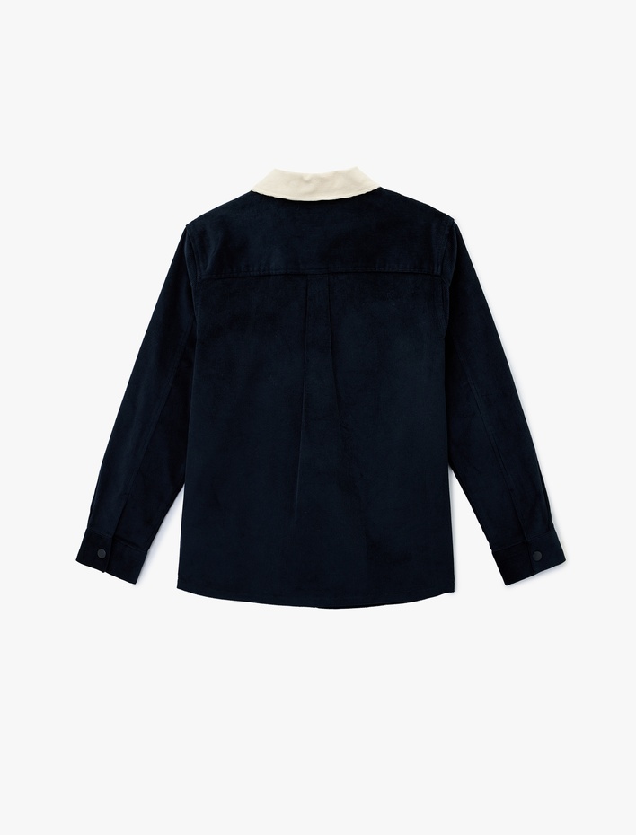  Regular Fit Uzun Kollu Cepli Renk Kontrastlı Klasik Yaka Fitilli Kadife Gömlek Ceket