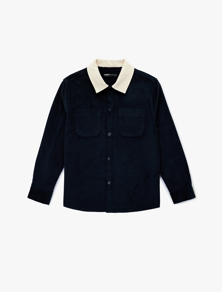  Regular Fit Uzun Kollu Cepli Renk Kontrastlı Klasik Yaka Fitilli Kadife Gömlek Ceket