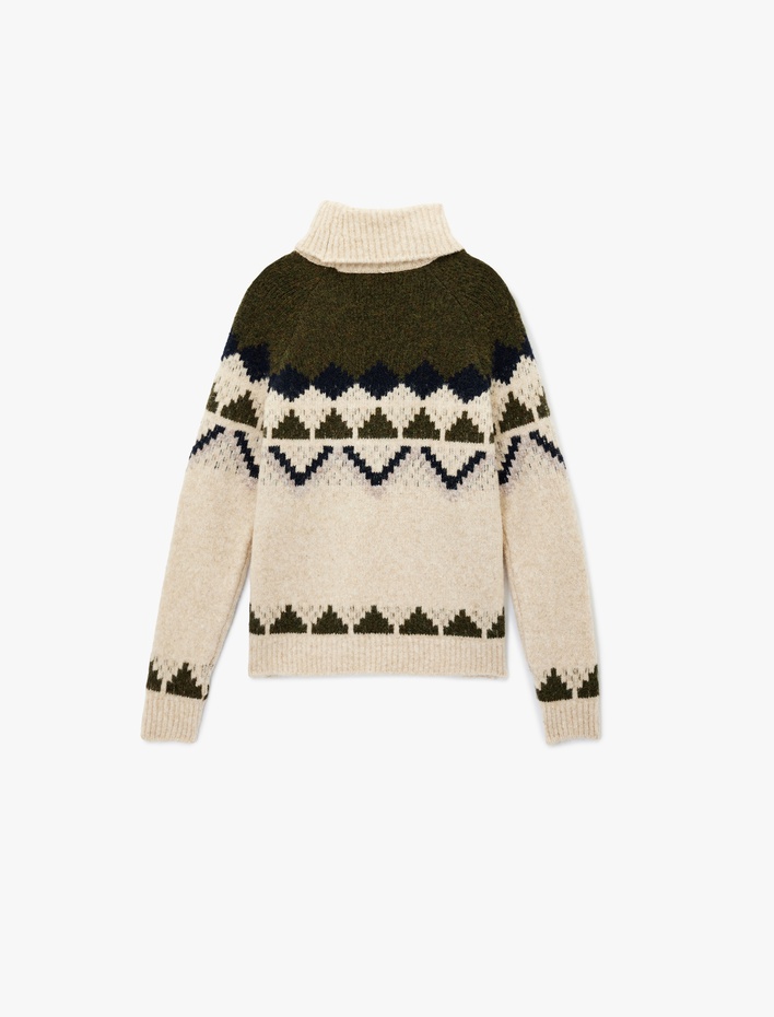  Uzun Kollu Etnik Desenli Balıkçı Yaka Triko Kazak