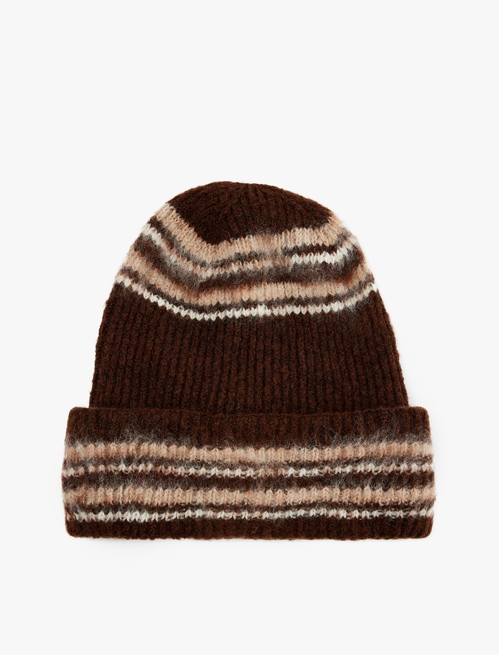 Kadın Katlı Renk Bloklu Koyun Yünü Karışımlı Örgü Bere