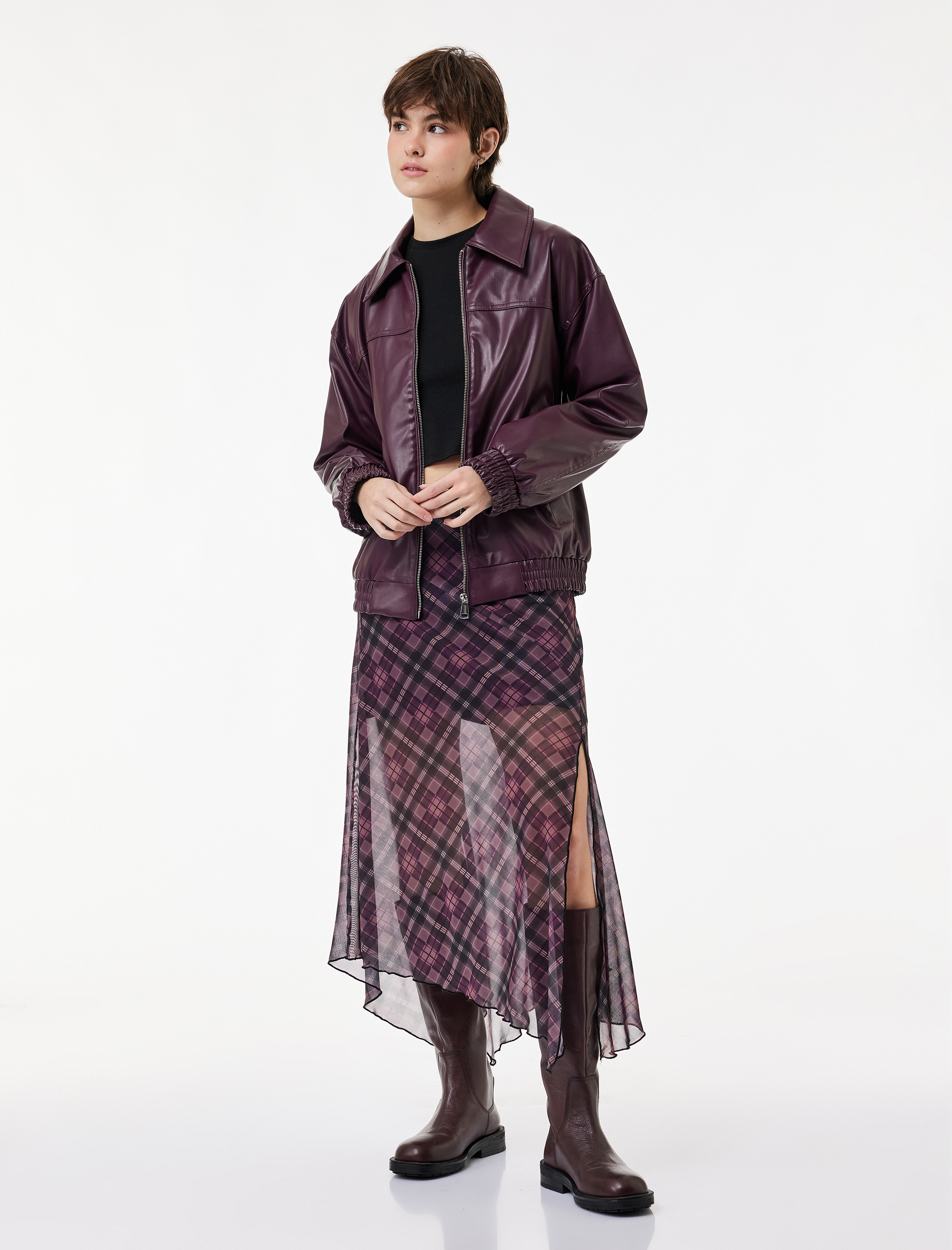   Asimetrik Midi Ekoseli Tül Etek