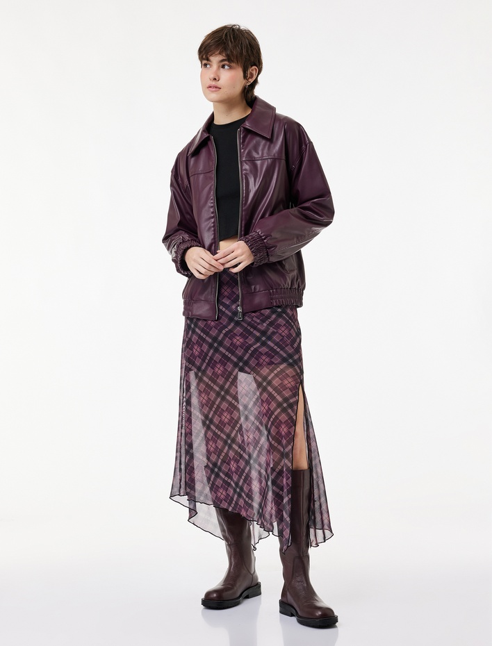  Asimetrik Midi Ekoseli Tül Etek