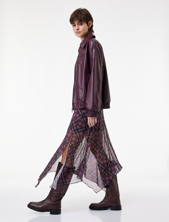  Asimetrik Midi Ekoseli Tül Etek