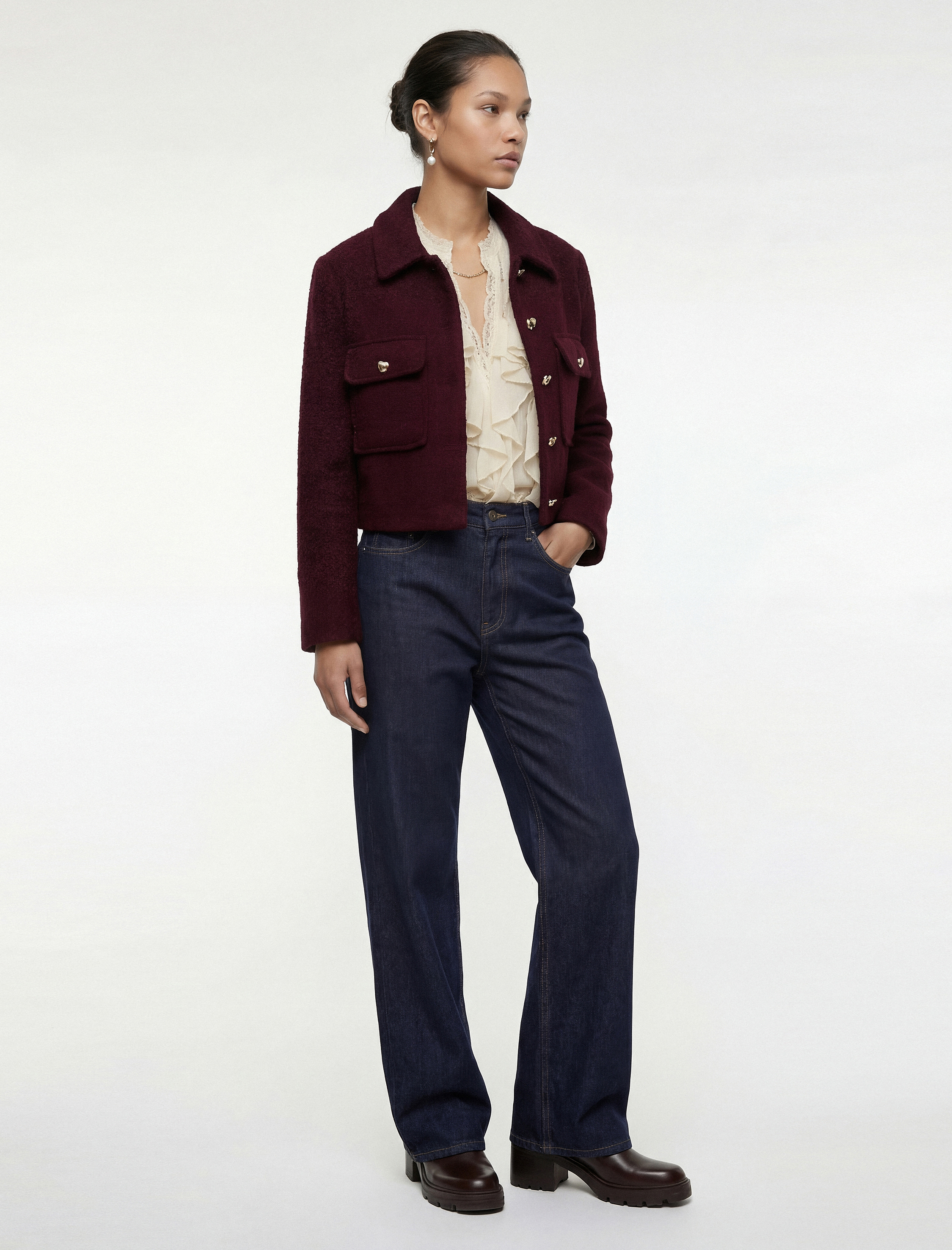   Mücevher Düğme Detaylı Uzun Kollu Cepli Crop Tüvit Ceket