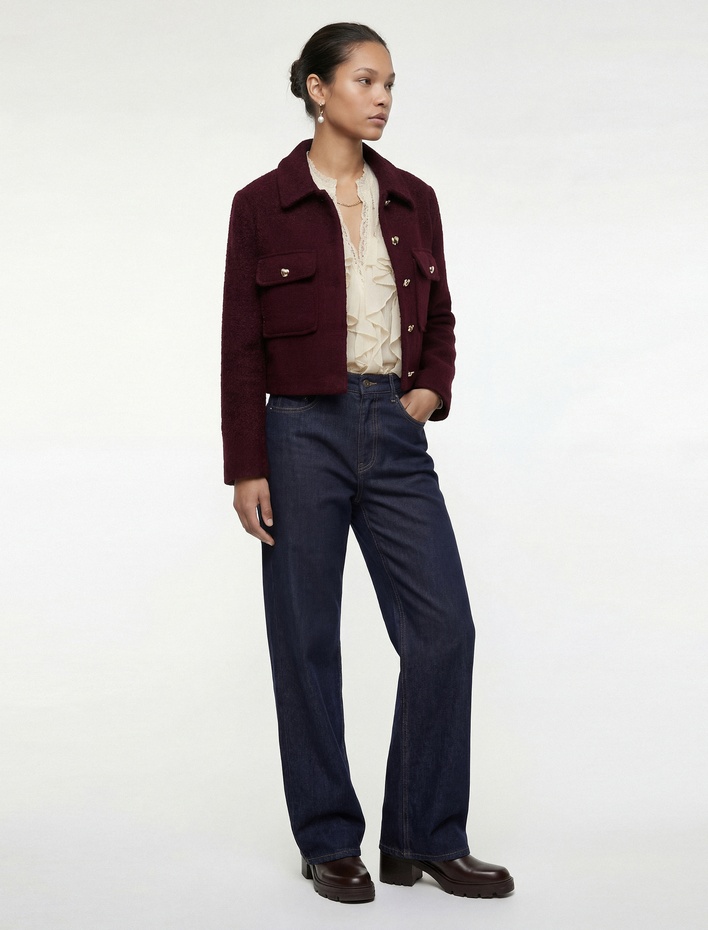  Mücevher Düğme Detaylı Uzun Kollu Cepli Crop Tüvit Ceket