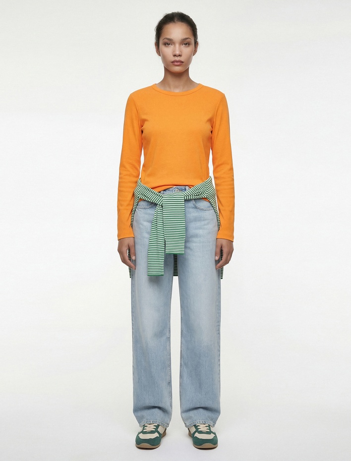  Pamuklu Uzun Kollu Bisiklet Yaka Basic Tişört