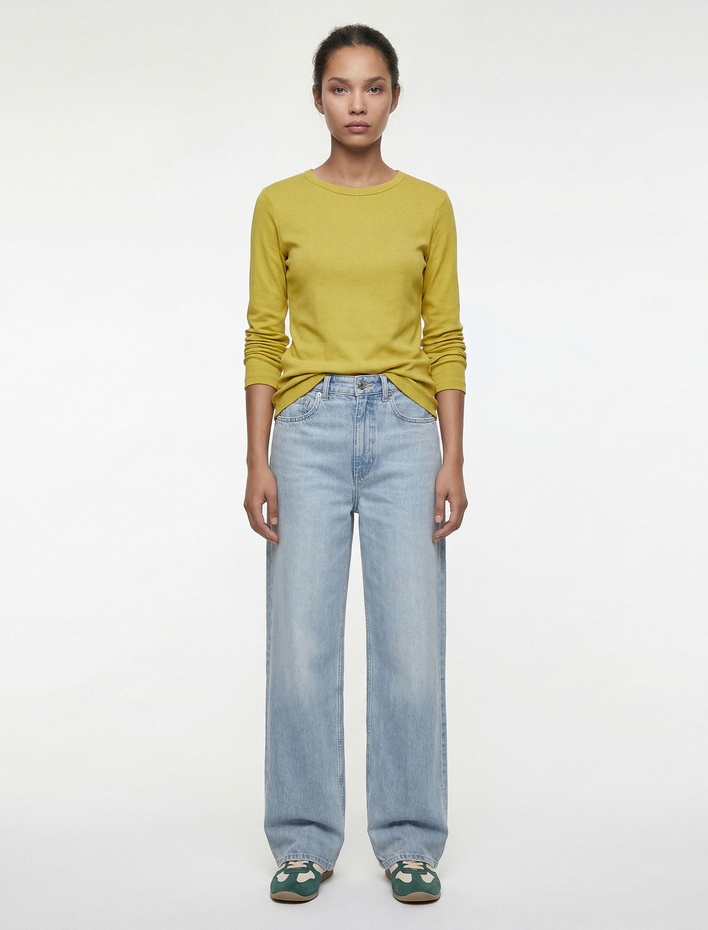  Pamuklu Uzun Kollu Bisiklet Yaka Basic Tişört