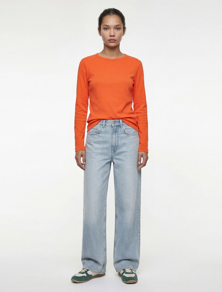  Pamuklu Uzun Kollu Bisiklet Yaka Basic Tişört